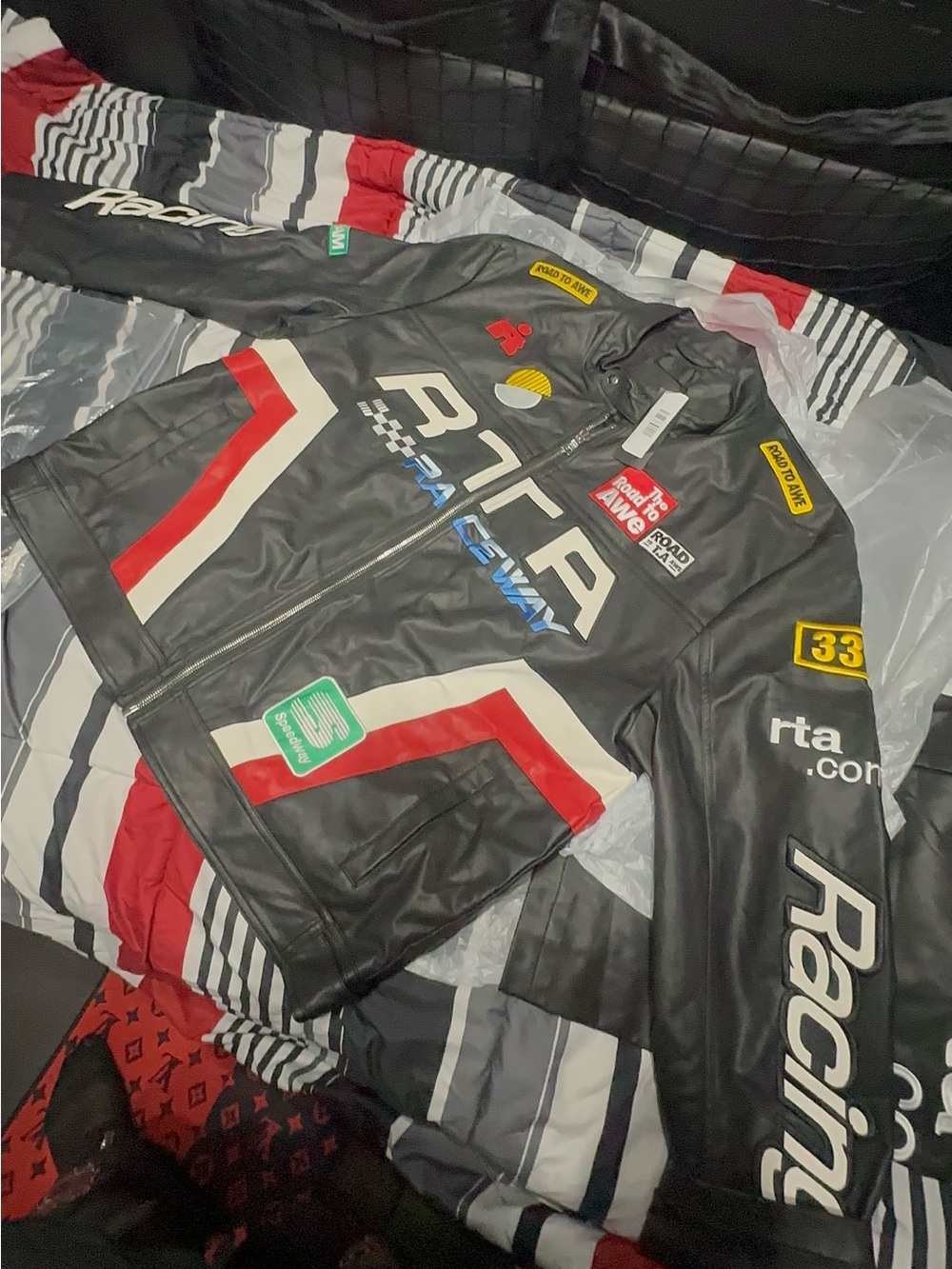 RtA Black Leather Racing Bomber Jacket with Red & White Accents